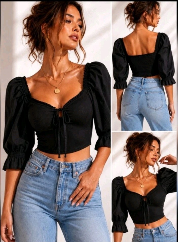 Urban Outfitters Women’s L Black Puff Sleeve Crop Boho Peasant Top EUC