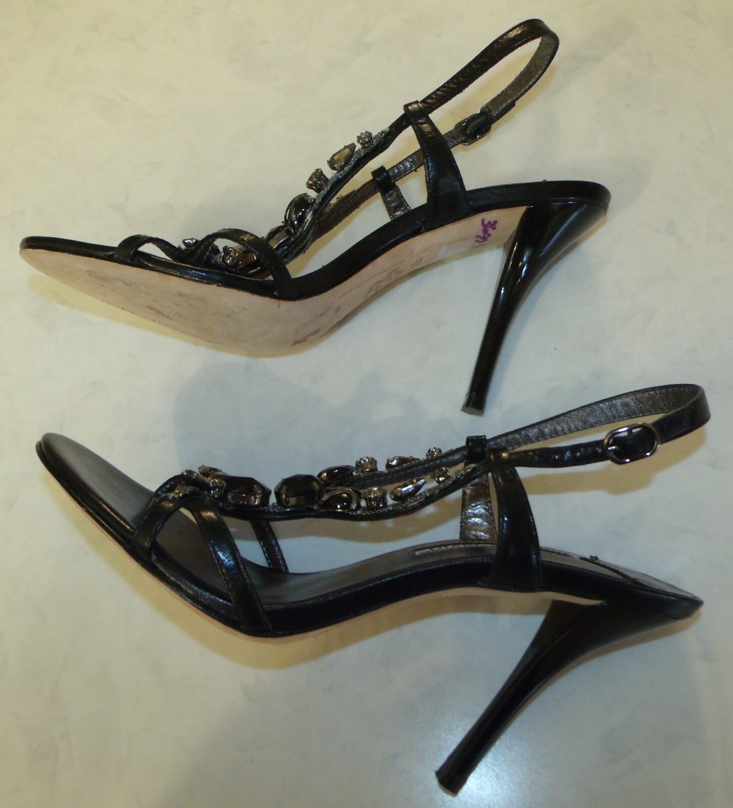 CHARLES DAViD black silver stone gem embellished strappy sandal hi heel dance 7