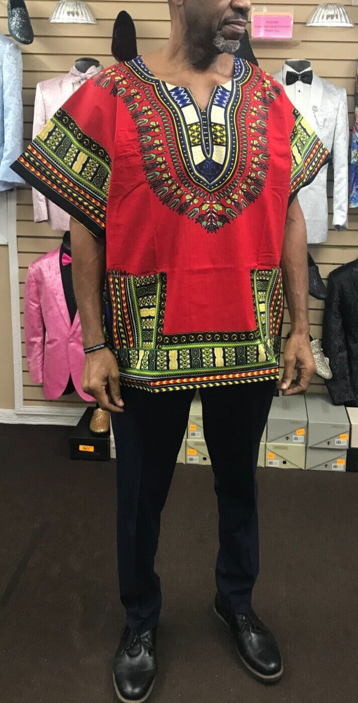 New Men African Red Dashiki 4XL, Chest up to 64 inches and Length 37″