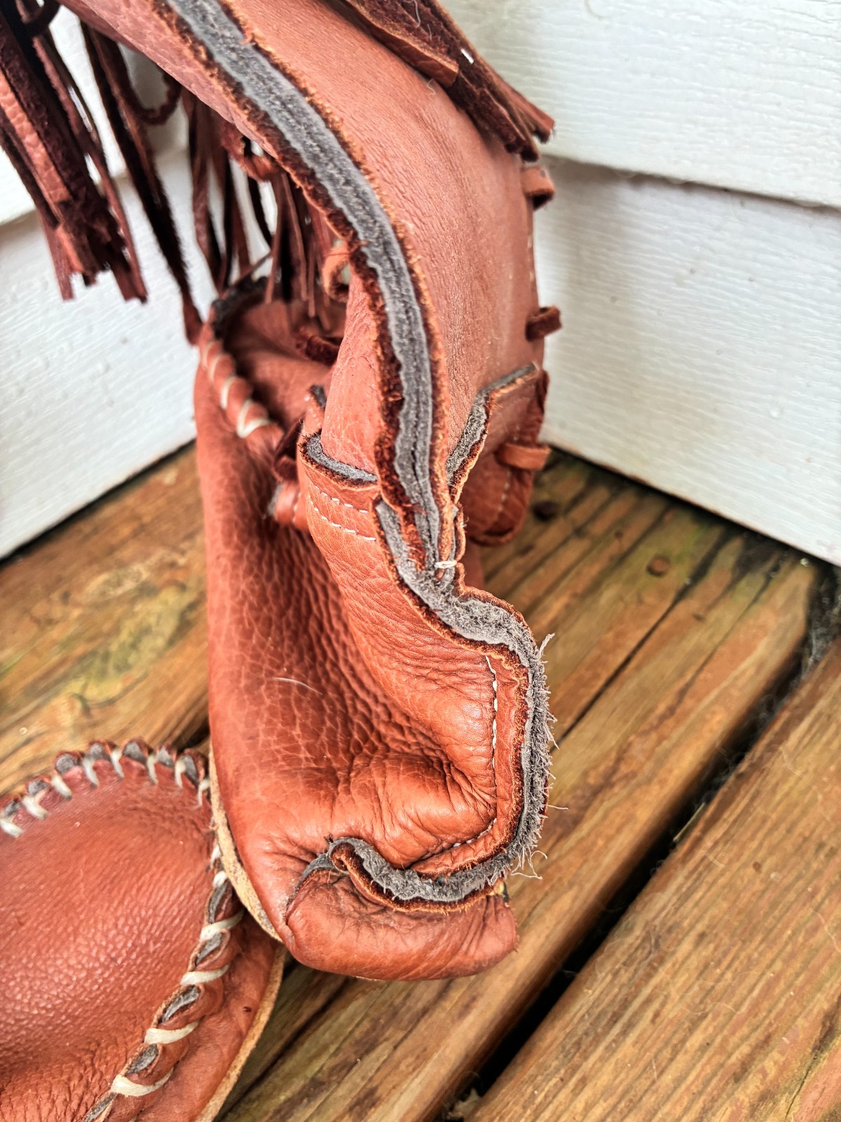 natural bison deer leather moccasins boots men US 12, brown color, tassels, bone