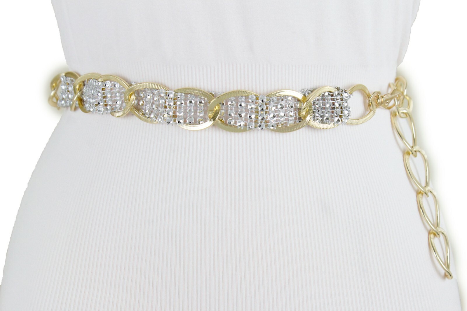 Women Gold Color Metal Chain Fashion Belt Silver Mesh Fabric Bling Beads XS S M