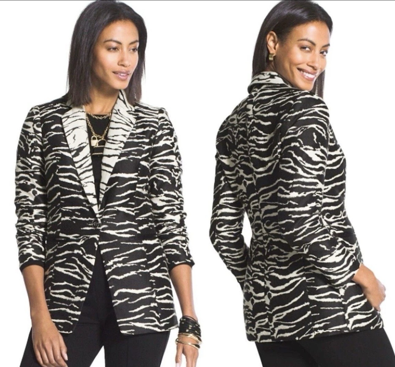 Chico’s Zebra Print Blazer Jacket Womens 0 Black White Lined Button 3/4