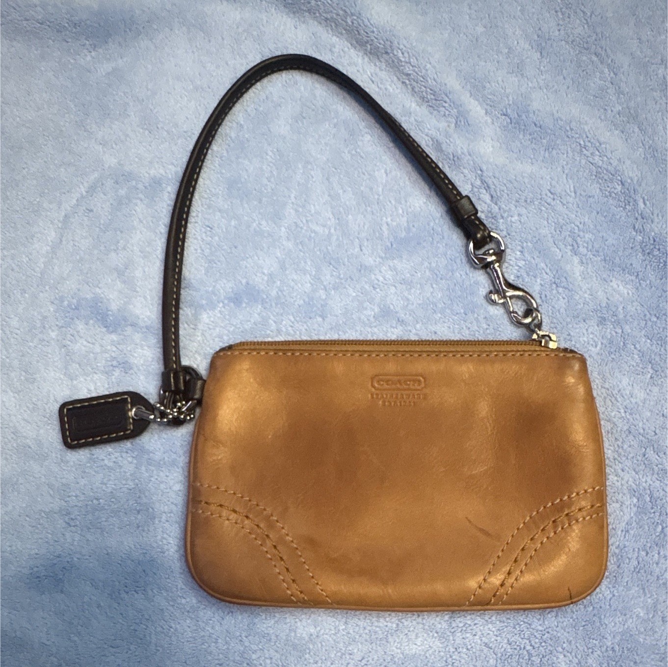 Coach Women’s Solid Tan Zip Wristlet Pouch w/ Brown Wrist Strap Silver HW