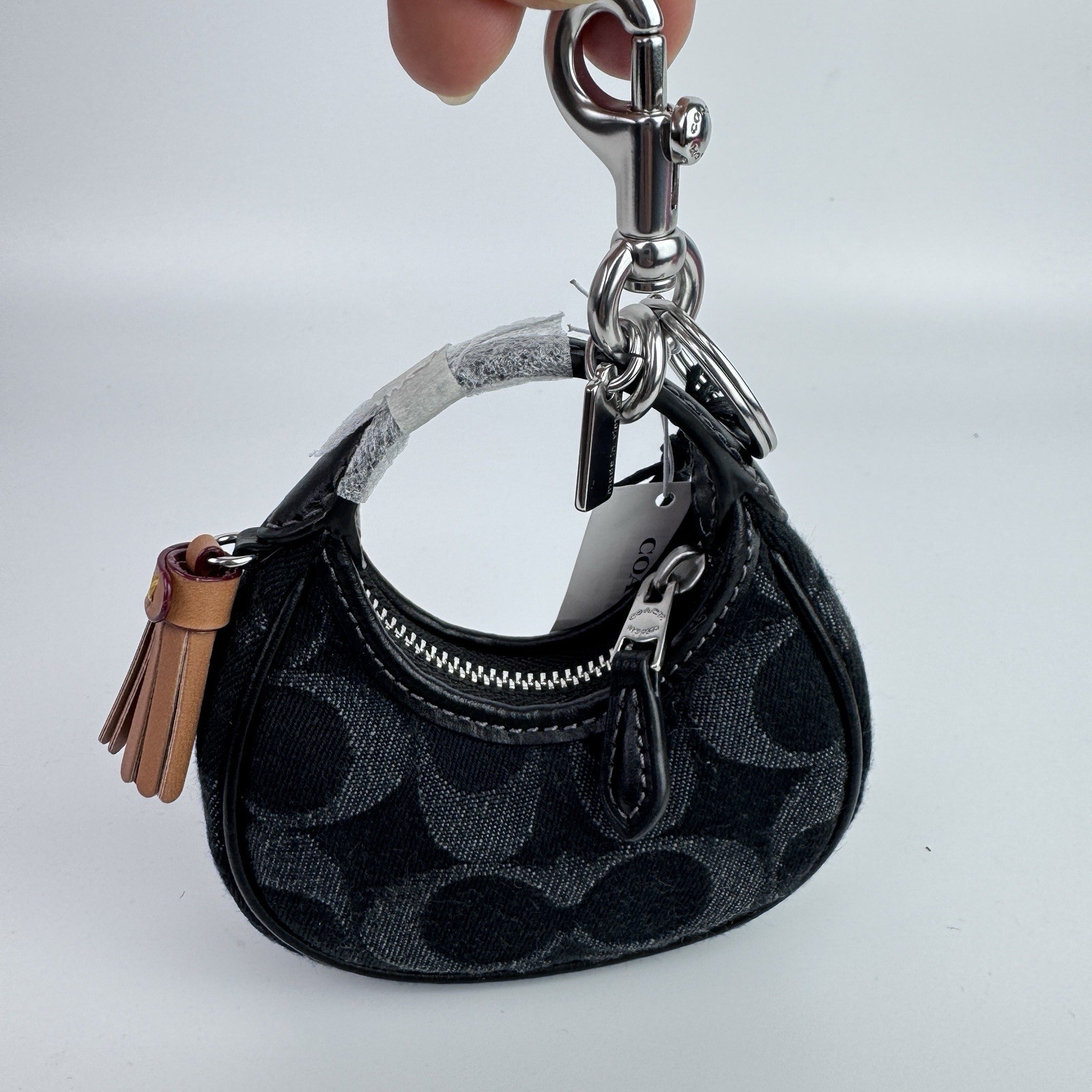 NWT Coach CDB53 Micro Carmen Bag Charm Key Chain Signature Black Denim Silver