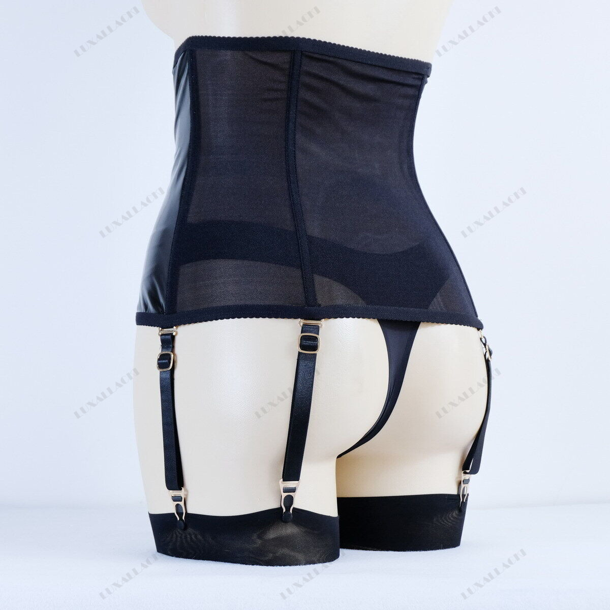 Luxallacki Mesh Pu Leopard Waist Cincher 6 Straps Garter Boned Shaping Corset