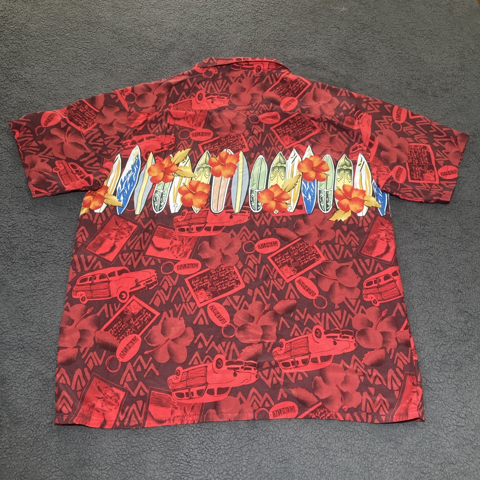 Vintage Pineapple Connection Hawaiian Shirt Men Size XL Rayon Surfing Boards Red