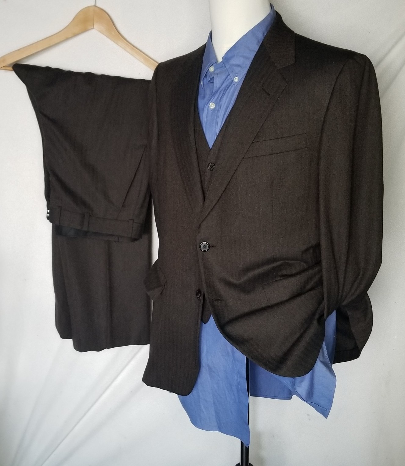 Vtg Hickey Freeman 42R Brown Herringbone Tweed 3pc Suit Jacket Vest Pants W38