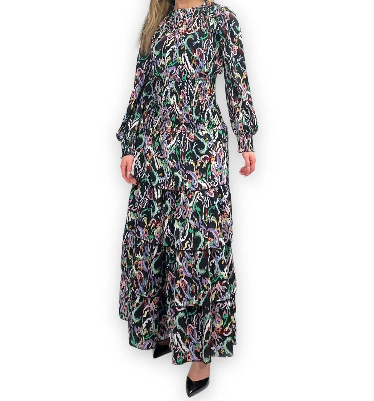 Colorful Abstract Print Tiered Maxi Dress Smocked Bodice Cottagecore – Size S