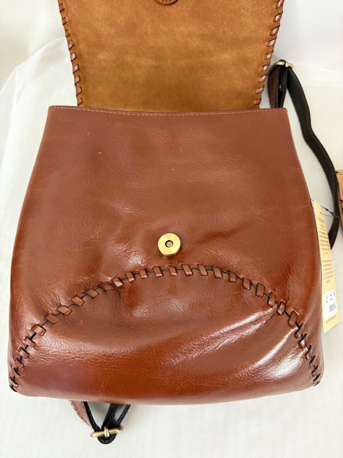 Patricia Nash Leather Backpack KIMINA Cognac Whip Stitching Flap Top Handle NWT