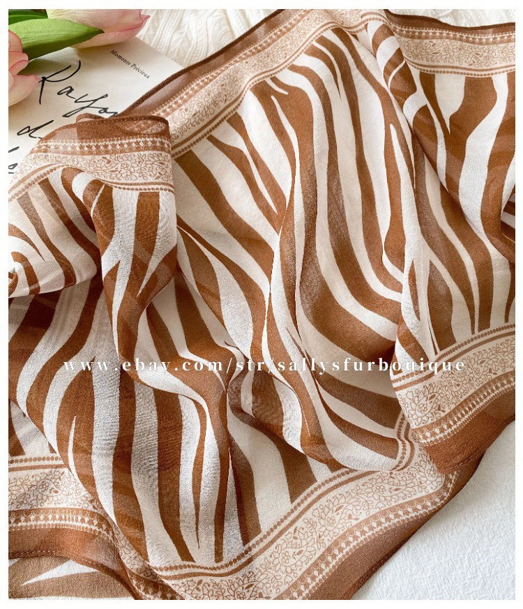 Sallys 100% Mulberry Silk Chiffon Shawl Stripes Print Neckerchief Oblong Scarf