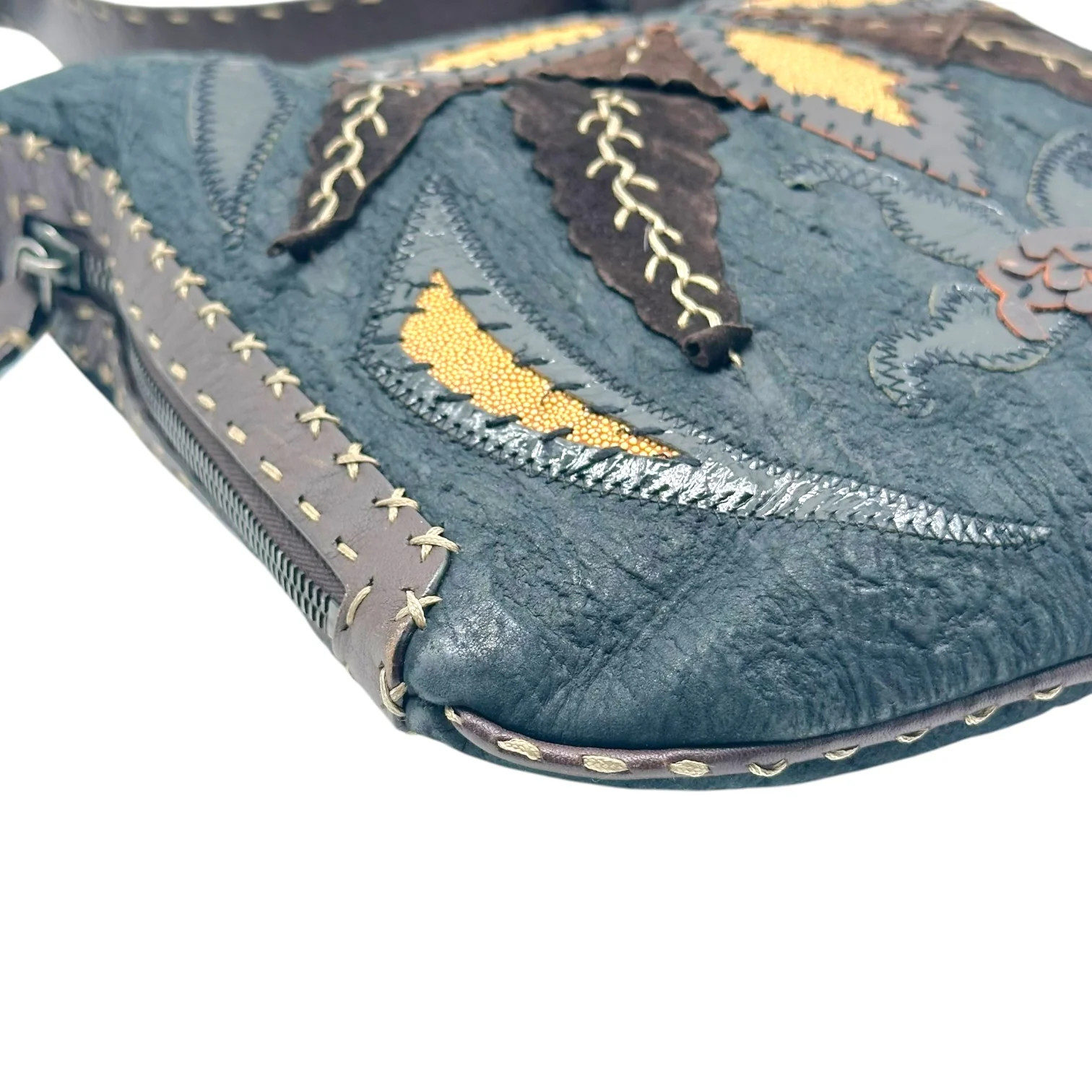Fendi Selleria Black & Brown Patchwork Stingray Leather Whipstitch Trim Oyster