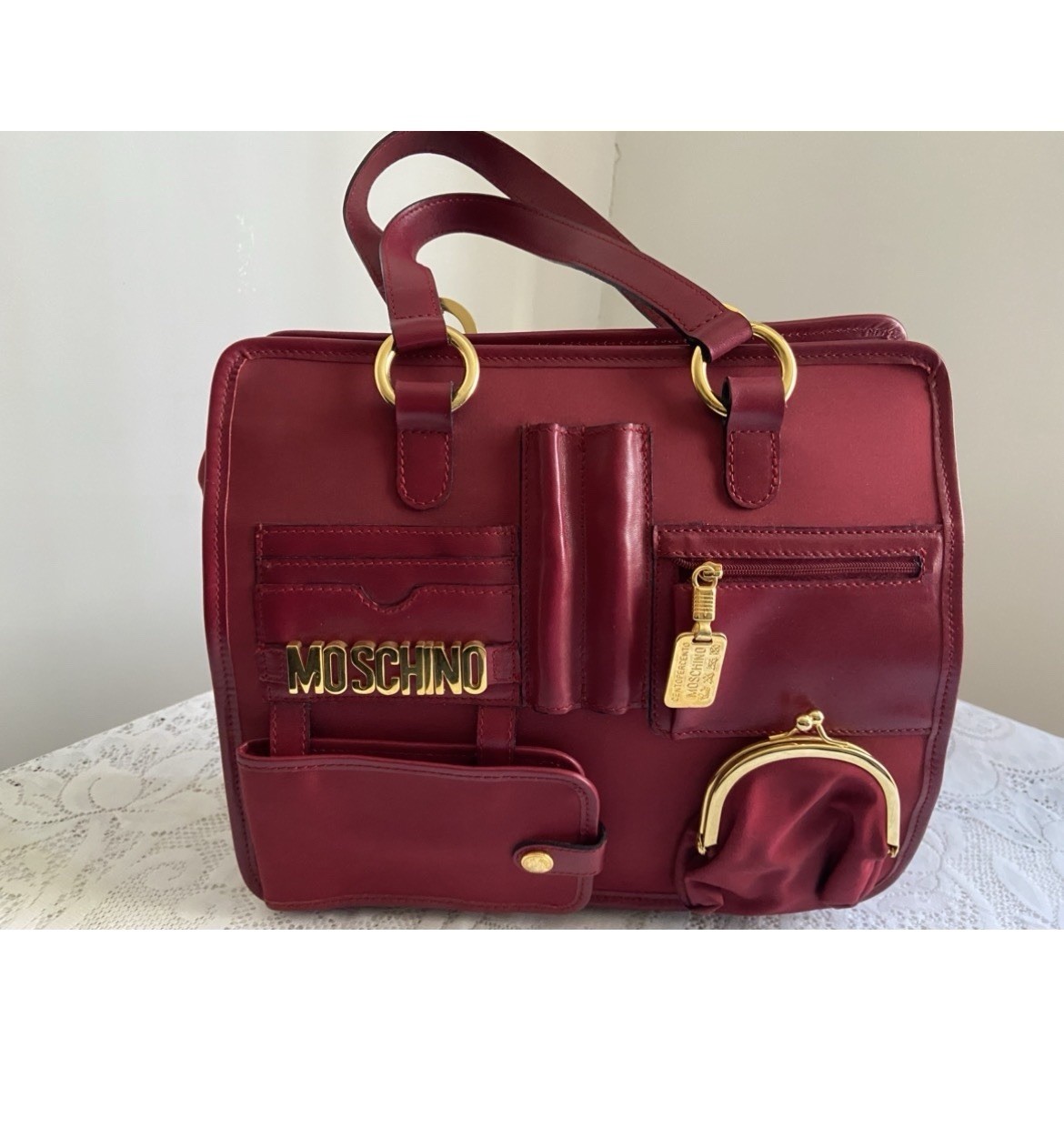 Vintage Moschino by Redwall Satin Novelty Satchel Red Gold Hardware Heart Charm