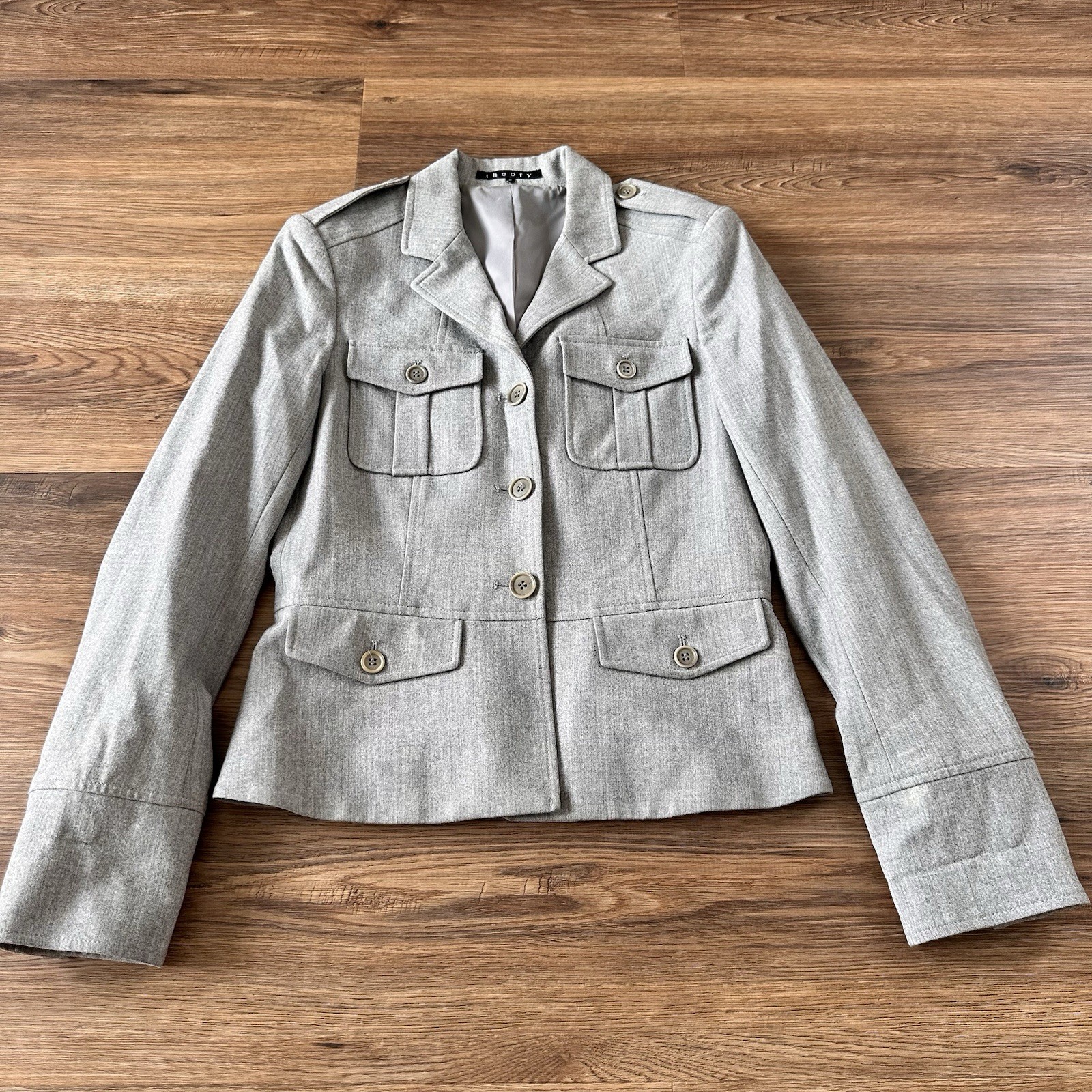 Theory Womens Utility Blazer Jacket Wool Blend Gray Womens 8 Military Button