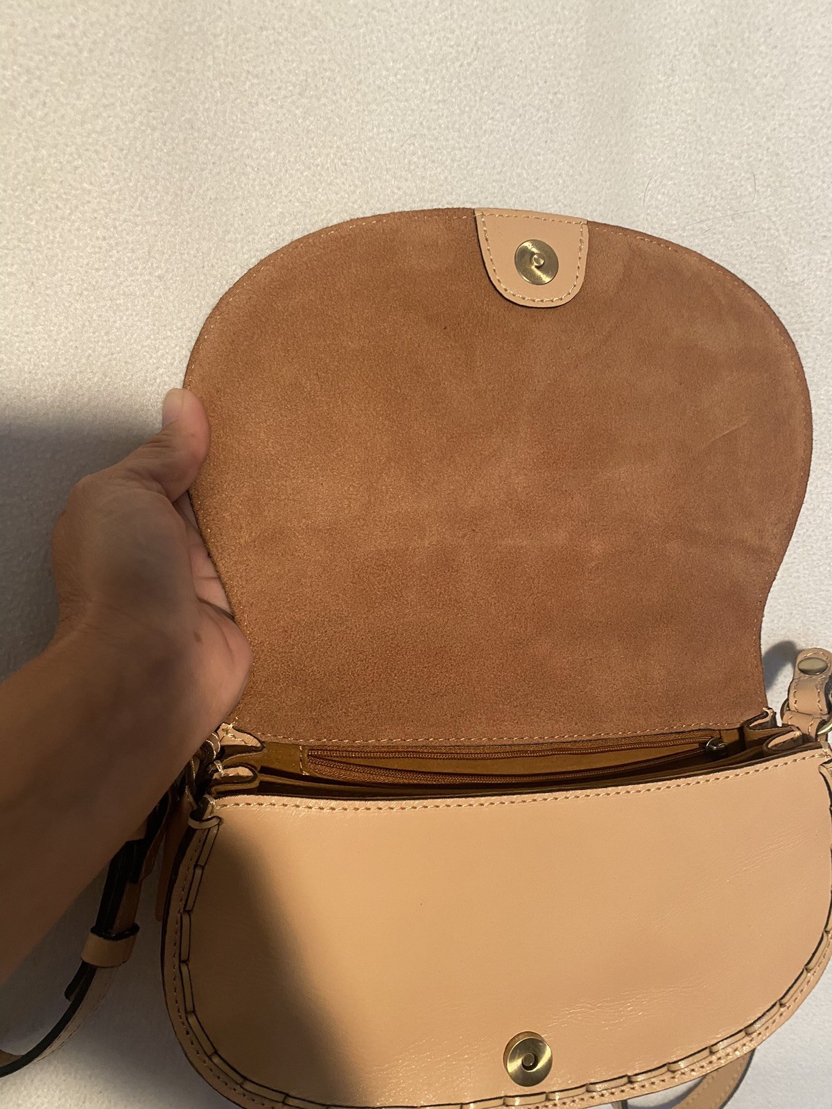Patricia Nash Embossed Floral Leather Saddle Crossbody – Tan Nude Boho