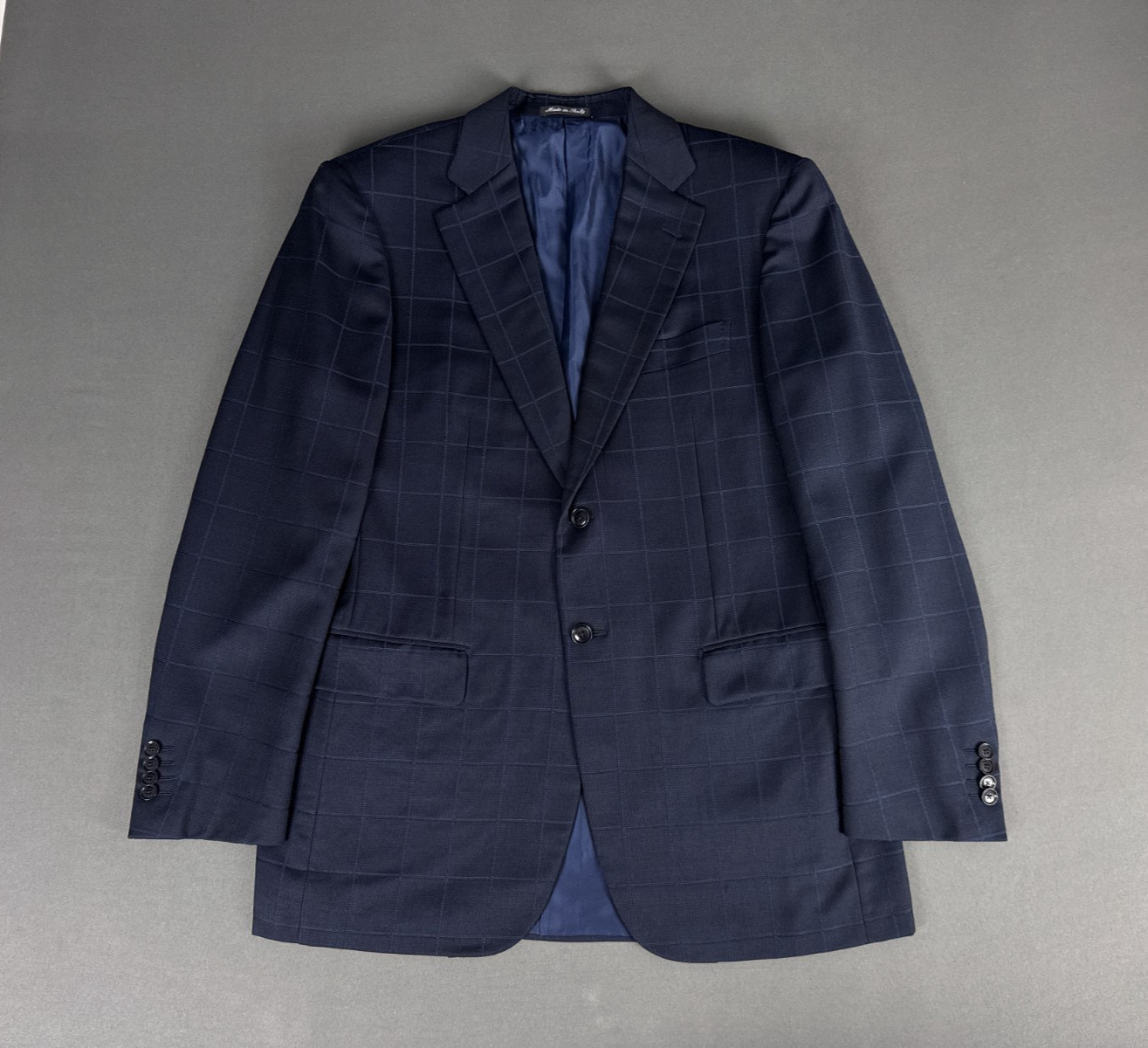 Pal Zileri Made in Italy Navy Windowpane Blazer EU-52R Drop 8 100% Wool Jacket