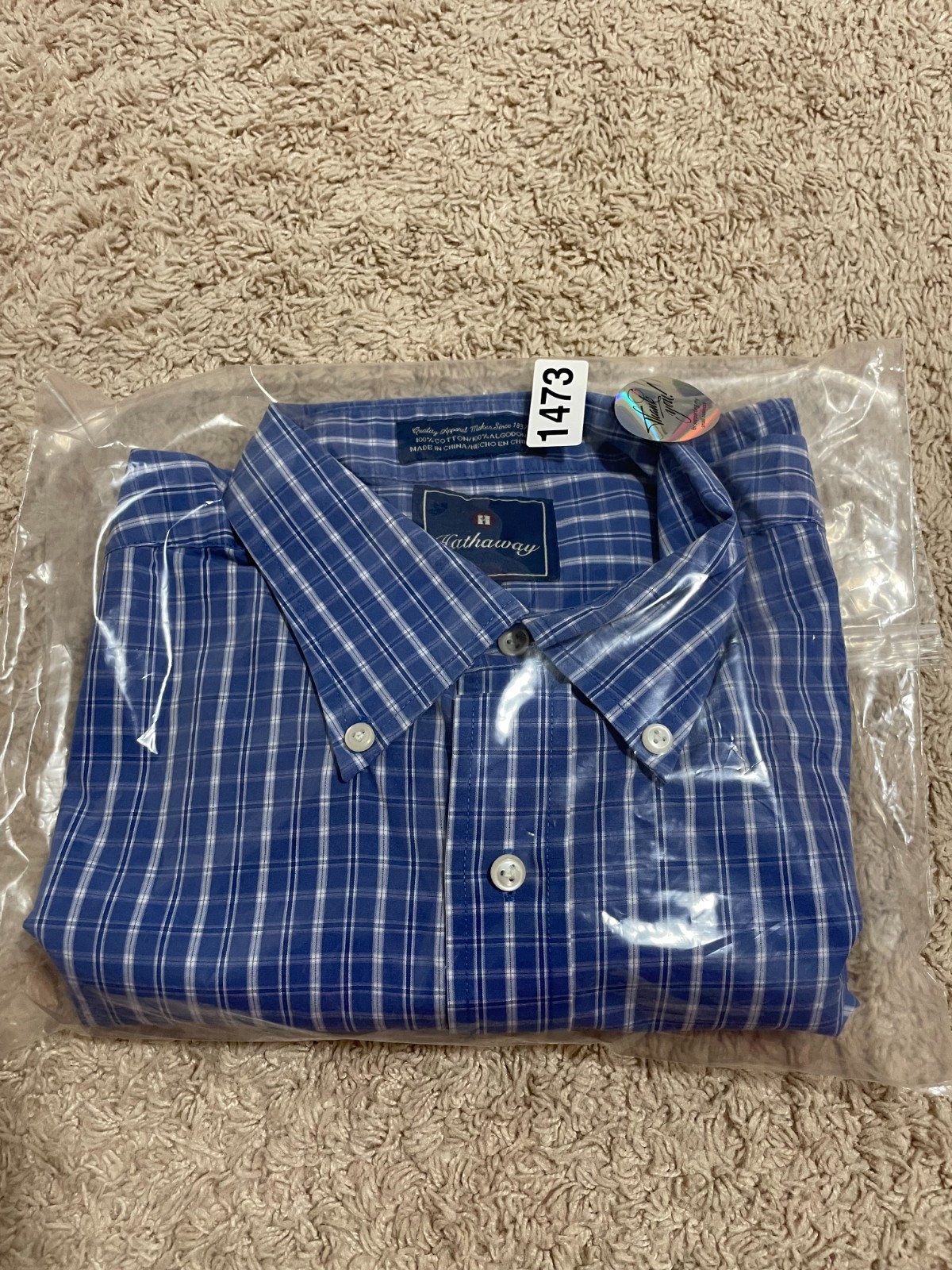 Hathaway Shirt Men’s L Short Sleeve Button Down Blue Plaid Pocket Cotton