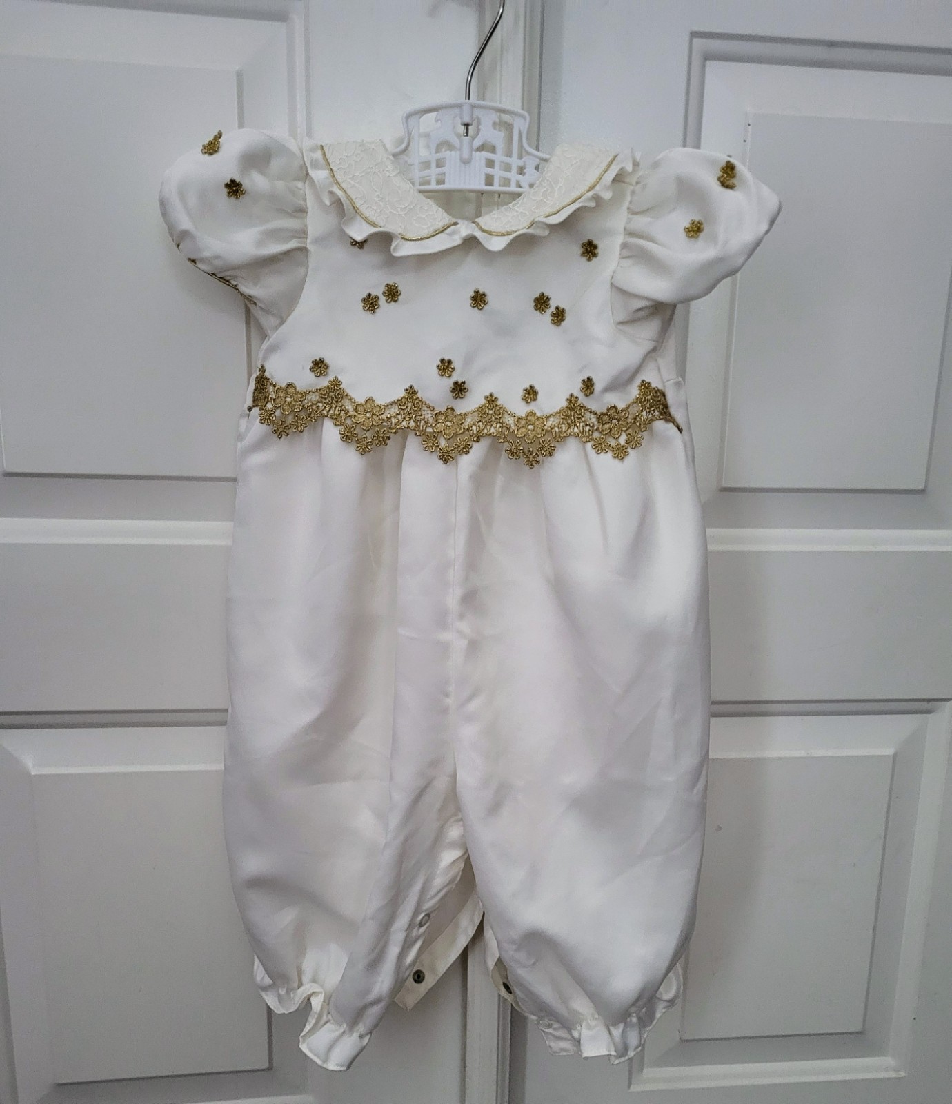 Baby Girl Christening Baptism Romper Outfit Ivory Gold Lace Ruffles 6-9 Months