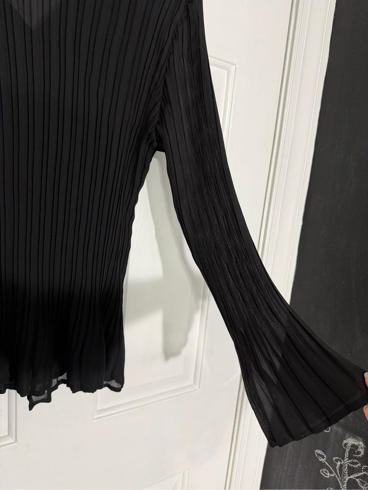 Black Sheer Ruffle Tie-Neck Long Sleeve Blouse Large