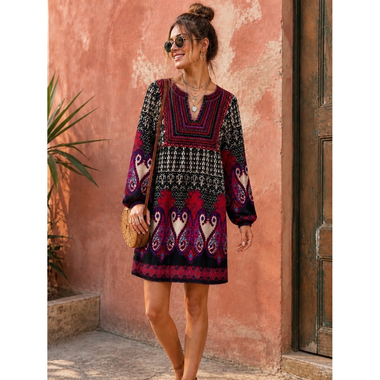 Angie Boho Embroidered Tunic Dress | Festival Hippie Vibes | Tassel Back Ties| L