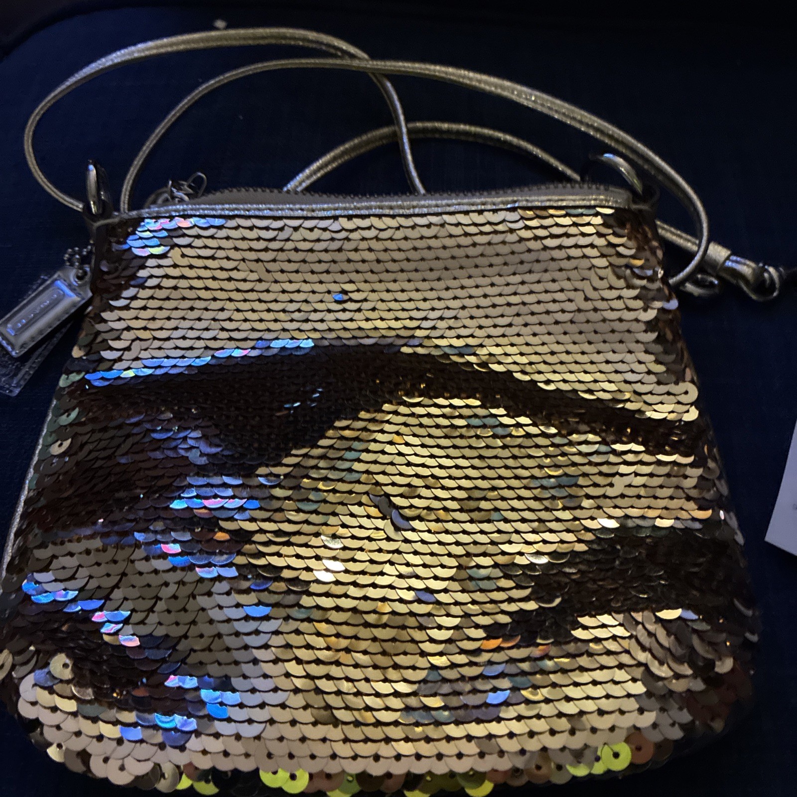 COACH Poppy Gold Sequin Leather Shoulder Bag with Logo Plate – Auth