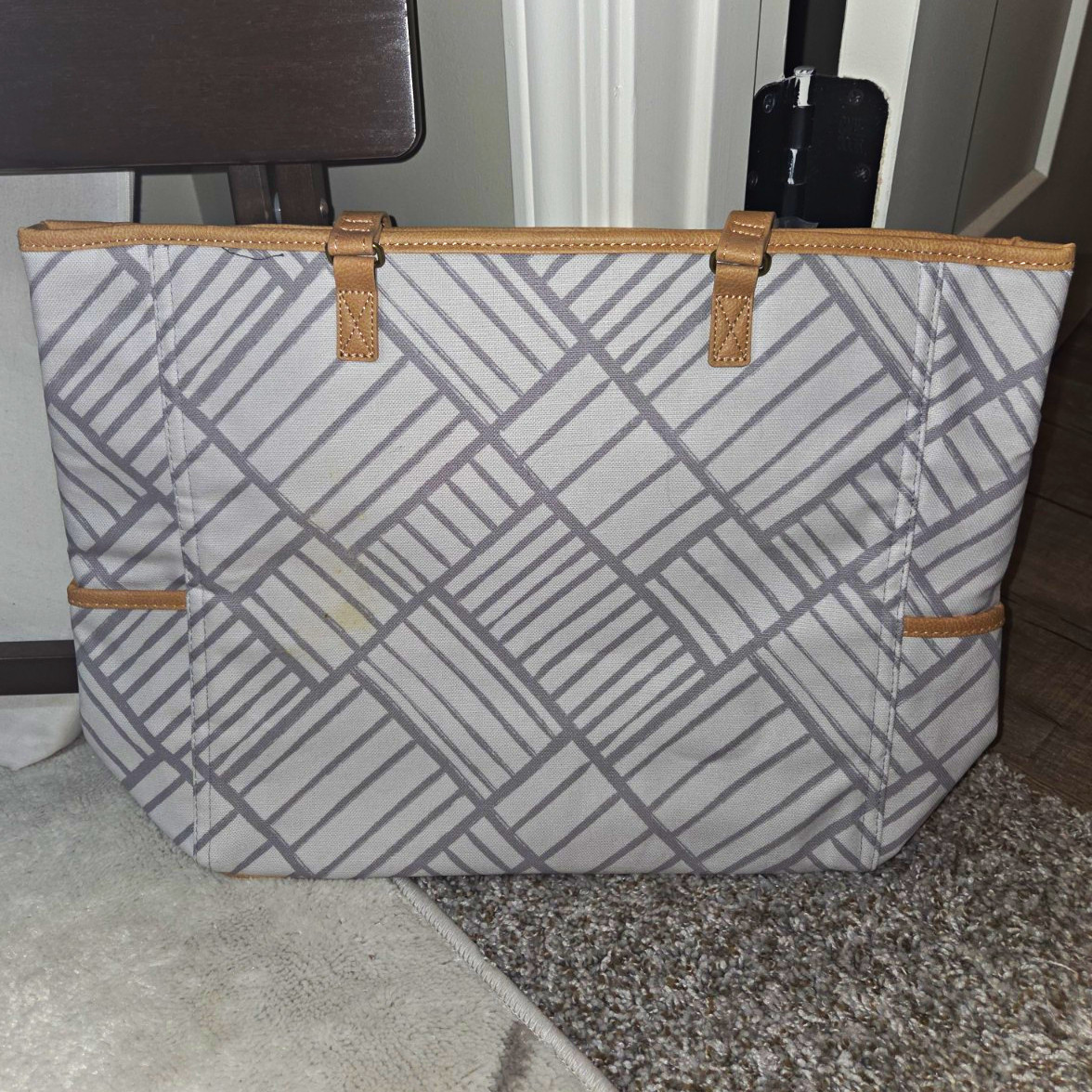 Gray/Beige Women’s Tote Bag Zip Closure Geometric Double Handles Inner Pockets
