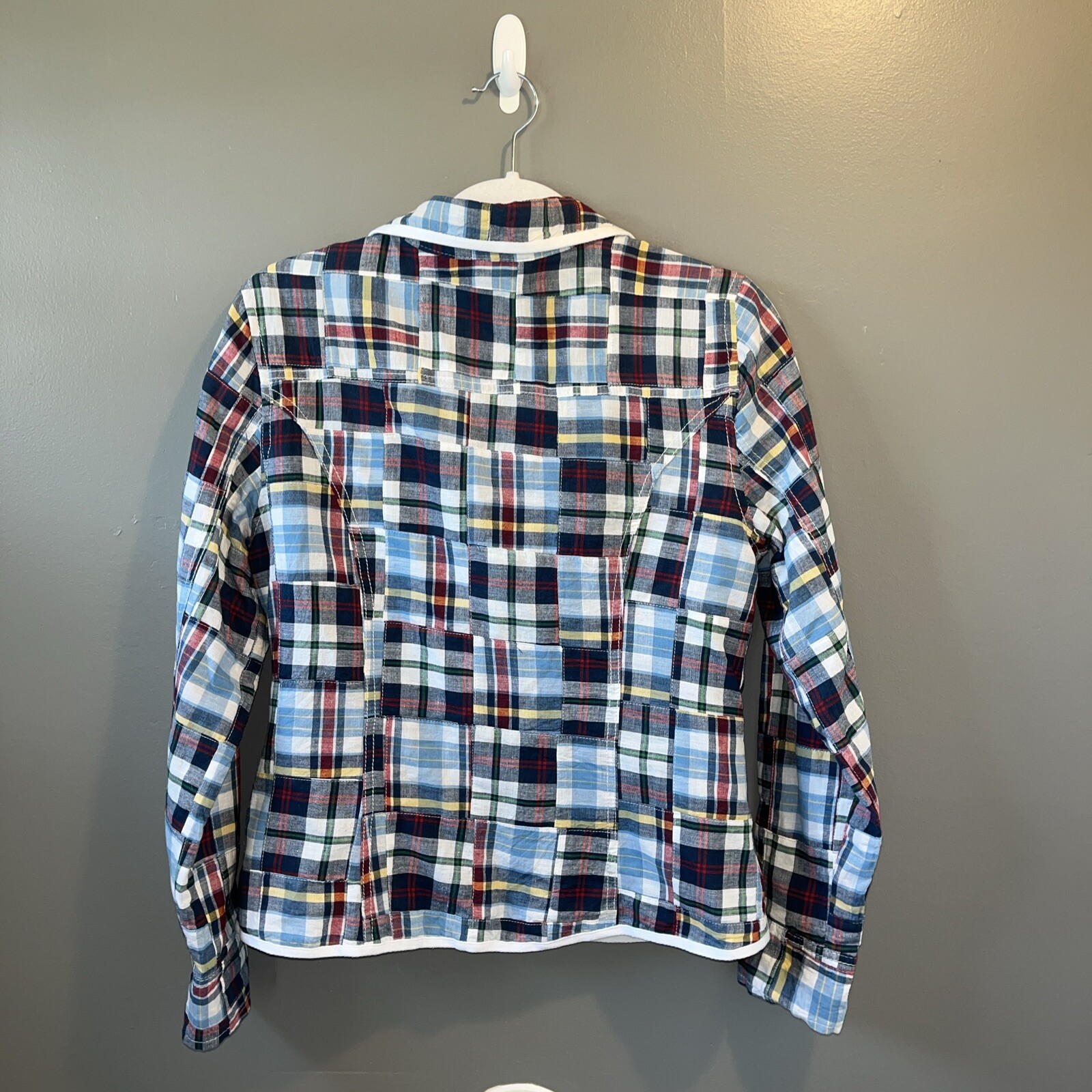 Bill Blass Jeans Quilted Patchwork Blazer Womens M Blue Plaid Cotton Jacket