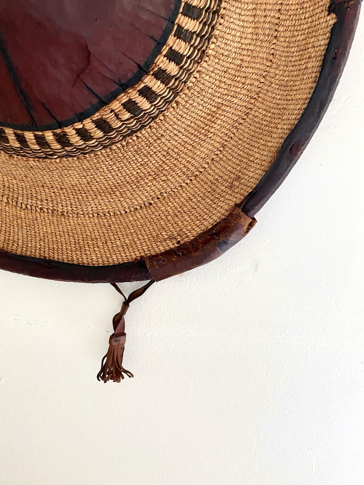 Antique African Ghanaian Hat ~ Traditional Conical Woven Straw & Leather ~19in