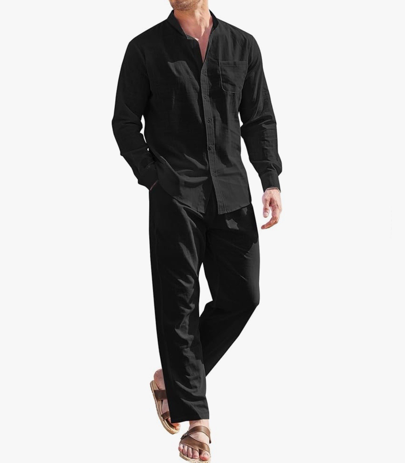 COOFANDY Linen Sets For Men 2 Piece Button Down Shirt Long Sleeve And Casual L