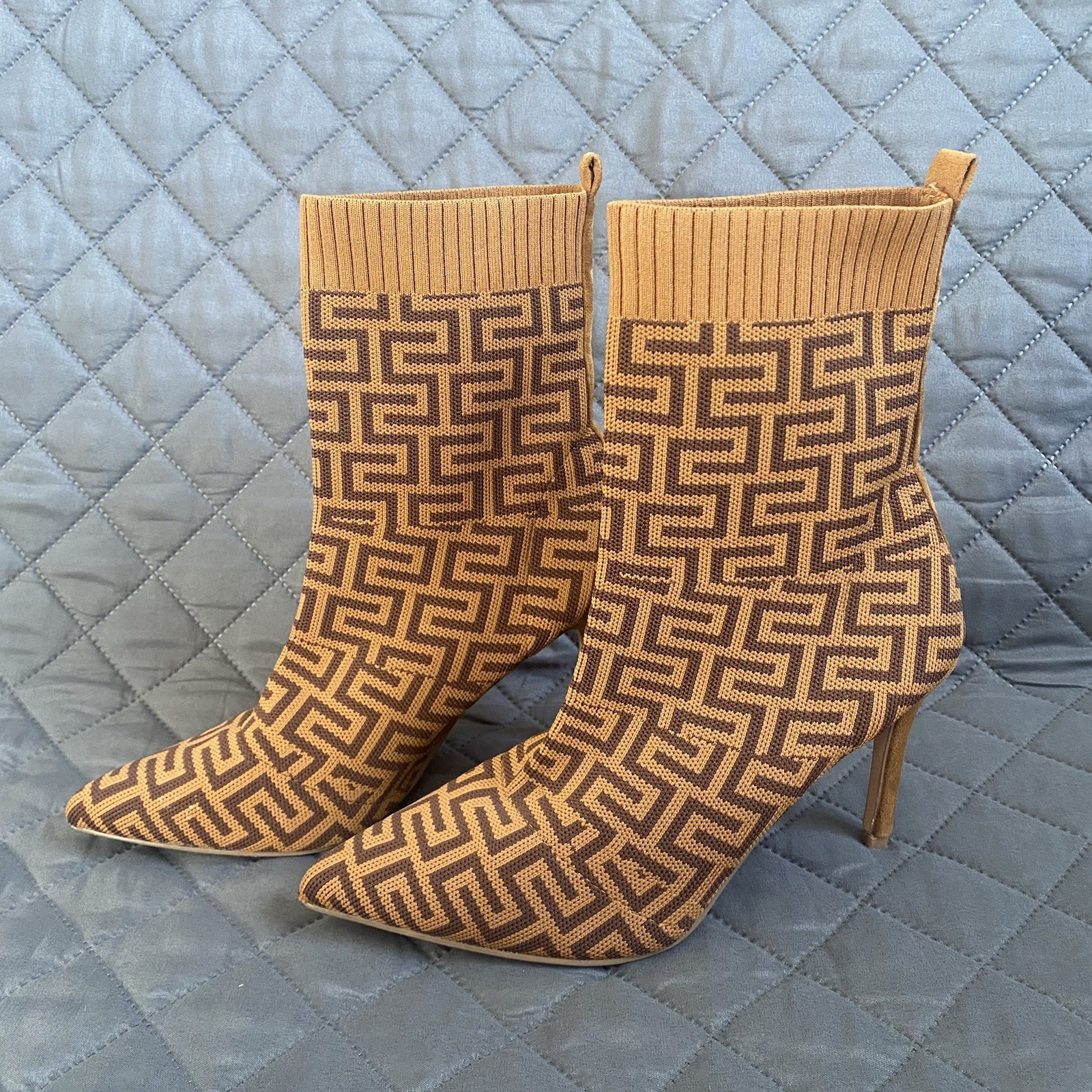 C. Malandrino Monogram Logo Heeled Ankle Sock, Knit, Suede Tan/Brown Boot SZ 8.5
