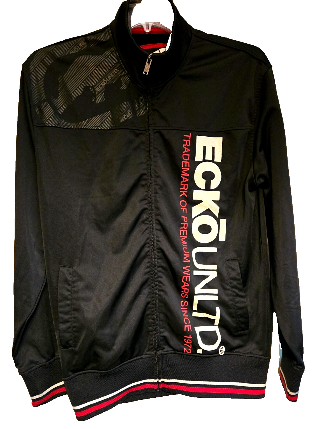 Ecko Unltd Men’s -L Full Zip Spell Out Logo BLACK RED WHITE Racing Jacket
