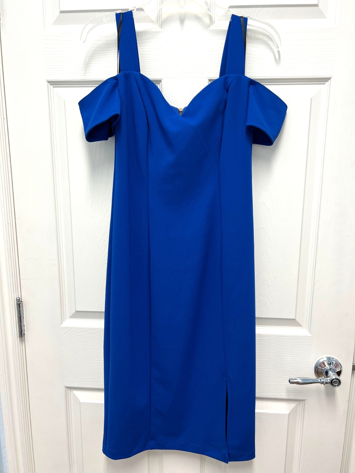Rebecca B – Dress SZ 12 Blue Cold Shoulder Sweetheart Neckline Gold Zip SideSlit