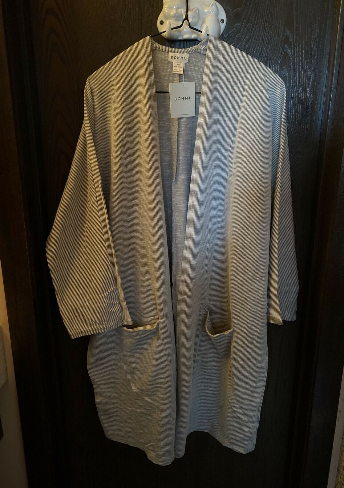 Donni Gray Beige Vertical Striped Sandwash Cardigan Sweater Jacket One Size NWT