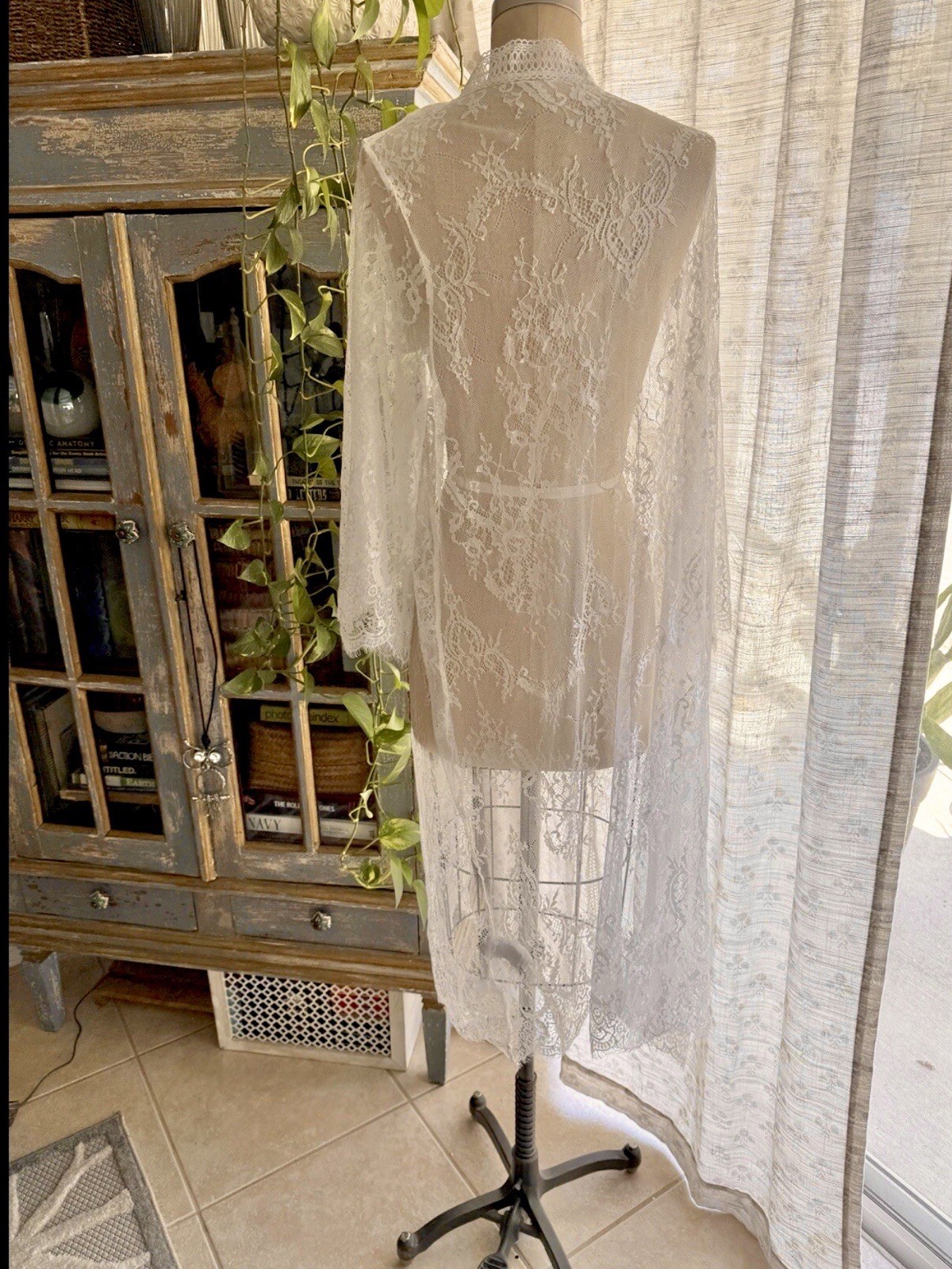 Boho Sheer Floral Lace Long Duster Kimono Cardigan Festival Bohemian White 3X