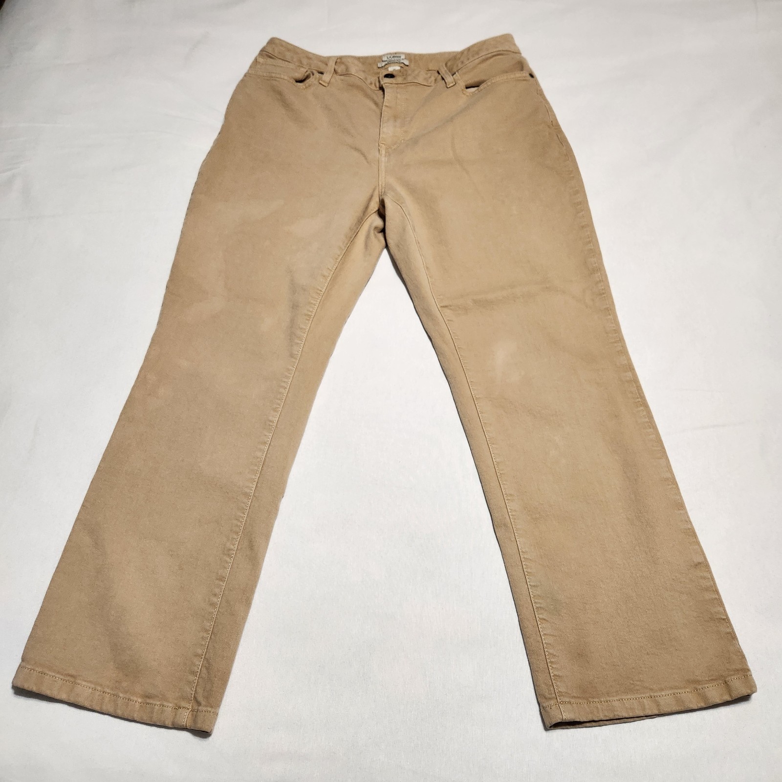 LL Bean Classic Fit Womens 14 Petite Tan Khaki Stretch Denim Jeans Straight Leg