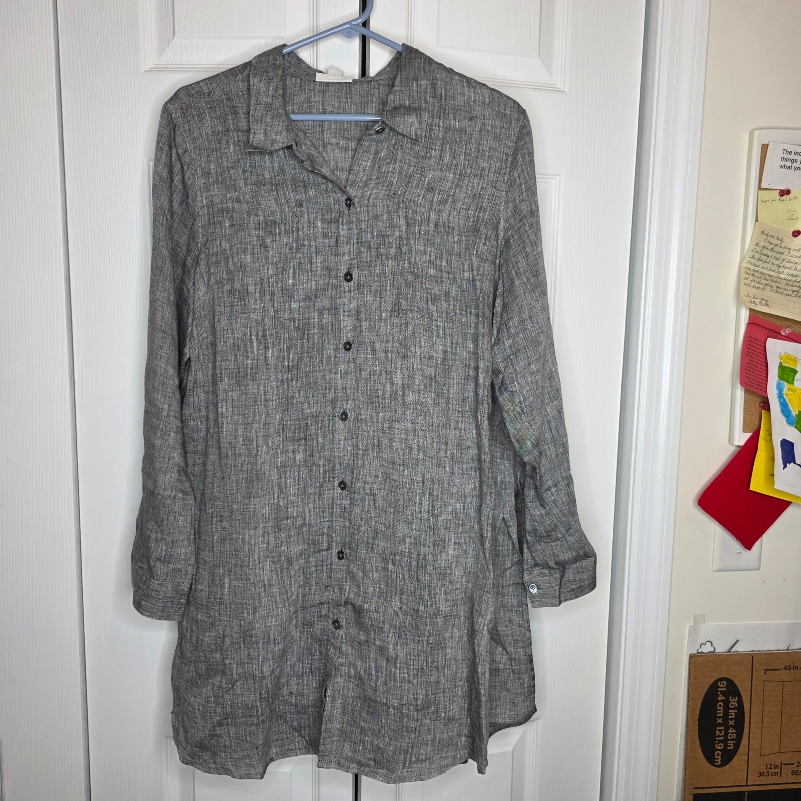J. Jill Love Linen Gray Button Down Blouse Sz L Petite NWOT