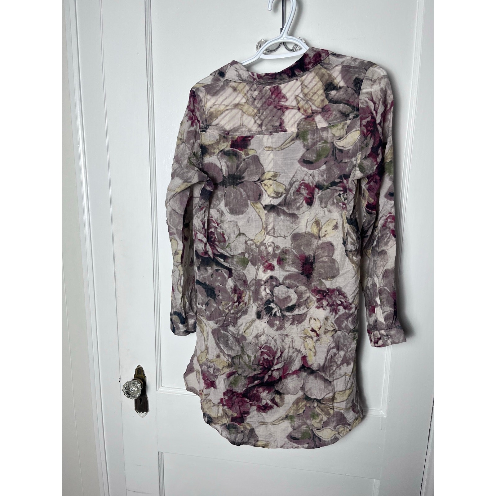 Soft Surroundings Floral Purple Beige Long Sleeve Flowy Boho Tunic Top SZ Small