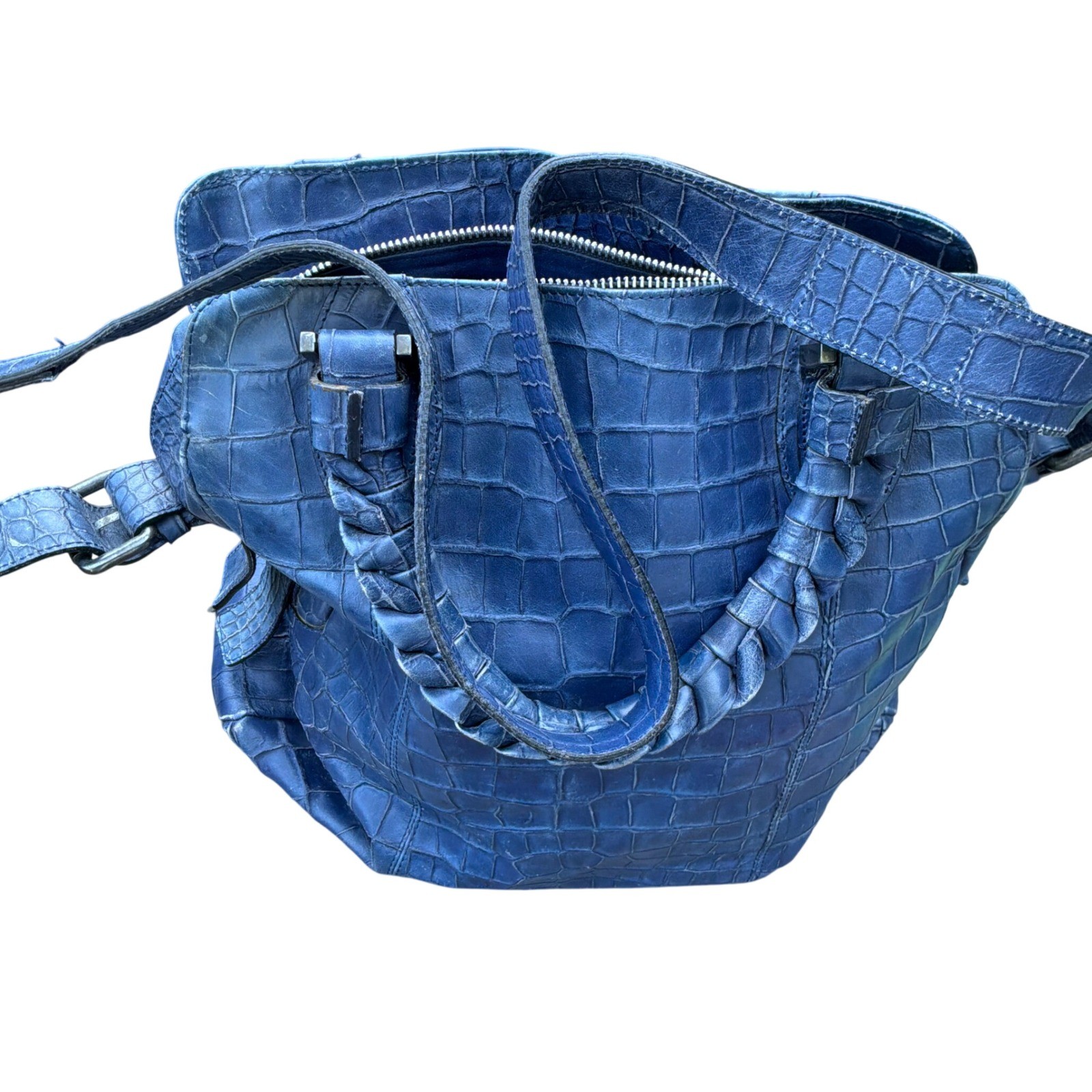 Falor Tote Bag Large Blue Croc Embossed Leather Braided Handles Made in Italy