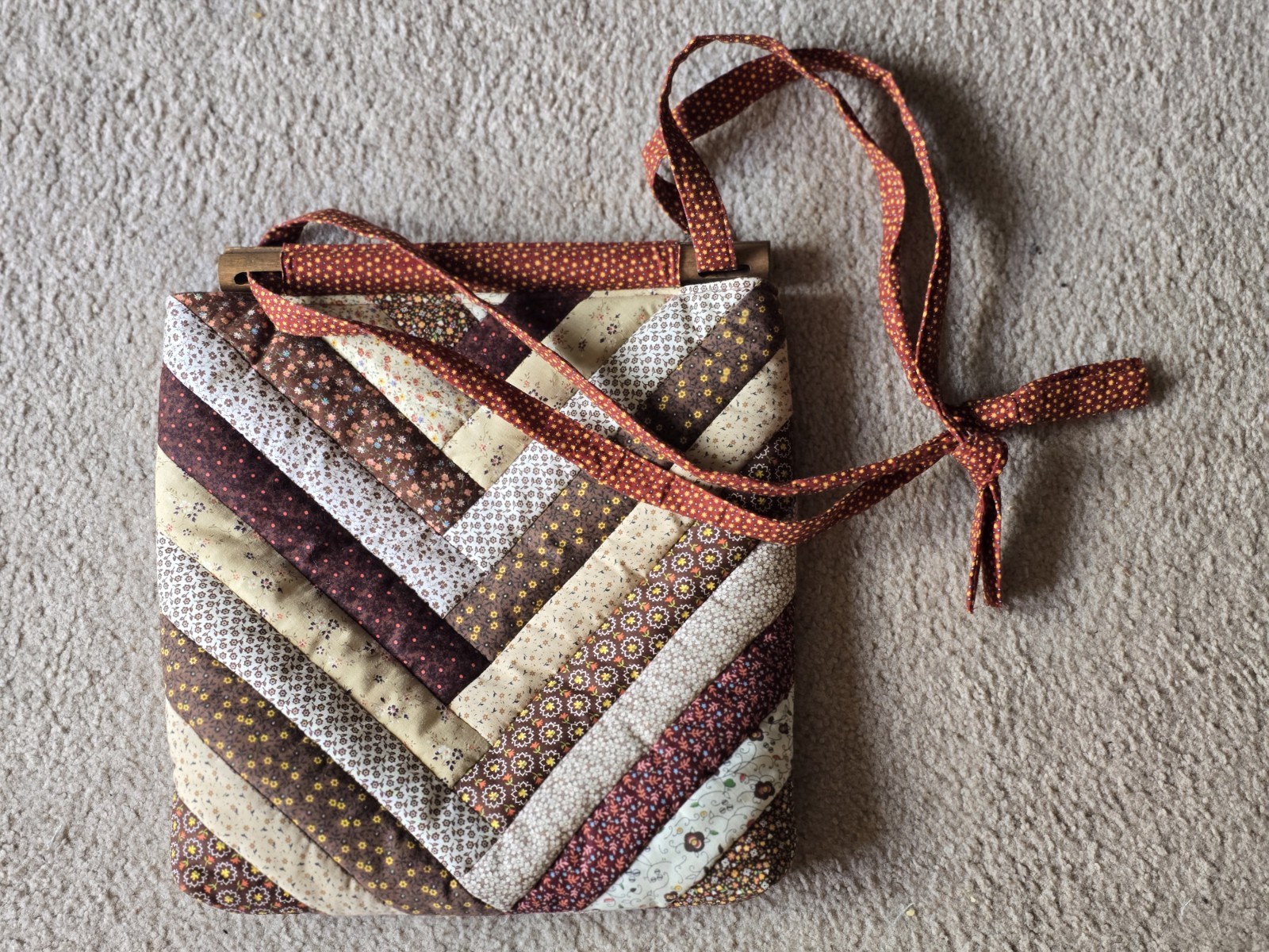Handmade Quilted Tote Bag Patchwork Cotton Wood Handles Brown Cottagecore Retro