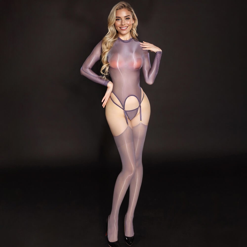 Women Sheer Shiny Crotchless Bodystocking Garter Belts Stockings Tights Bodysuit