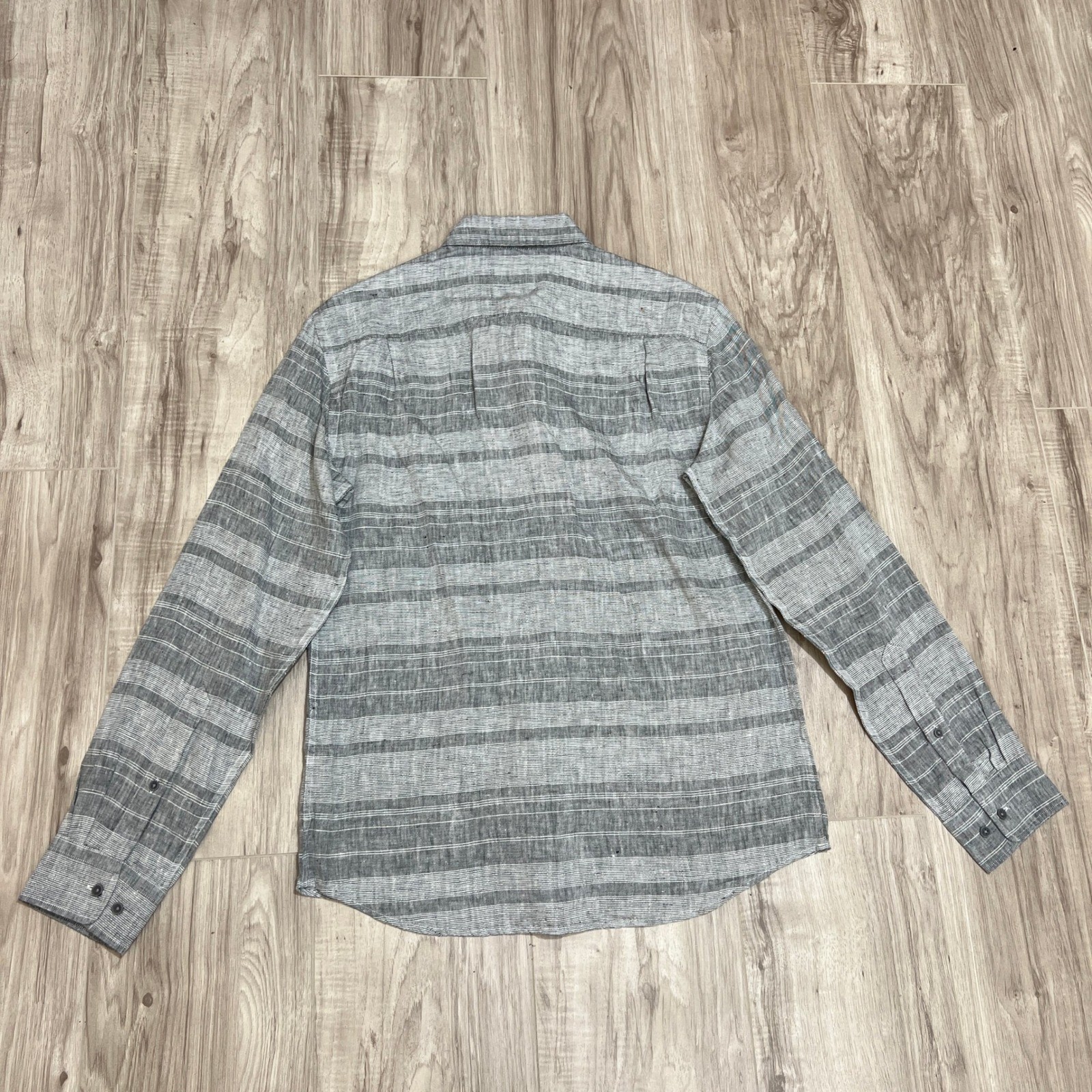 Black Brown 1826 Mens Small NWT 100% Linen Long Sleeve Grey Stripe Shirt Beach