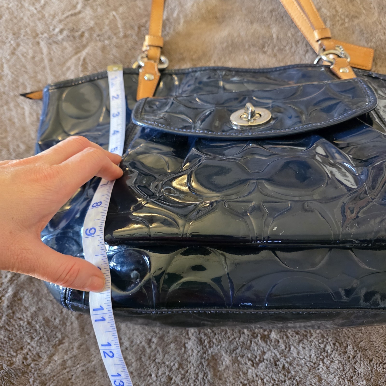 Coach Leah Navy Blue Patent Leather Tote Bag F14663 Embossed Logo Turnlock Large