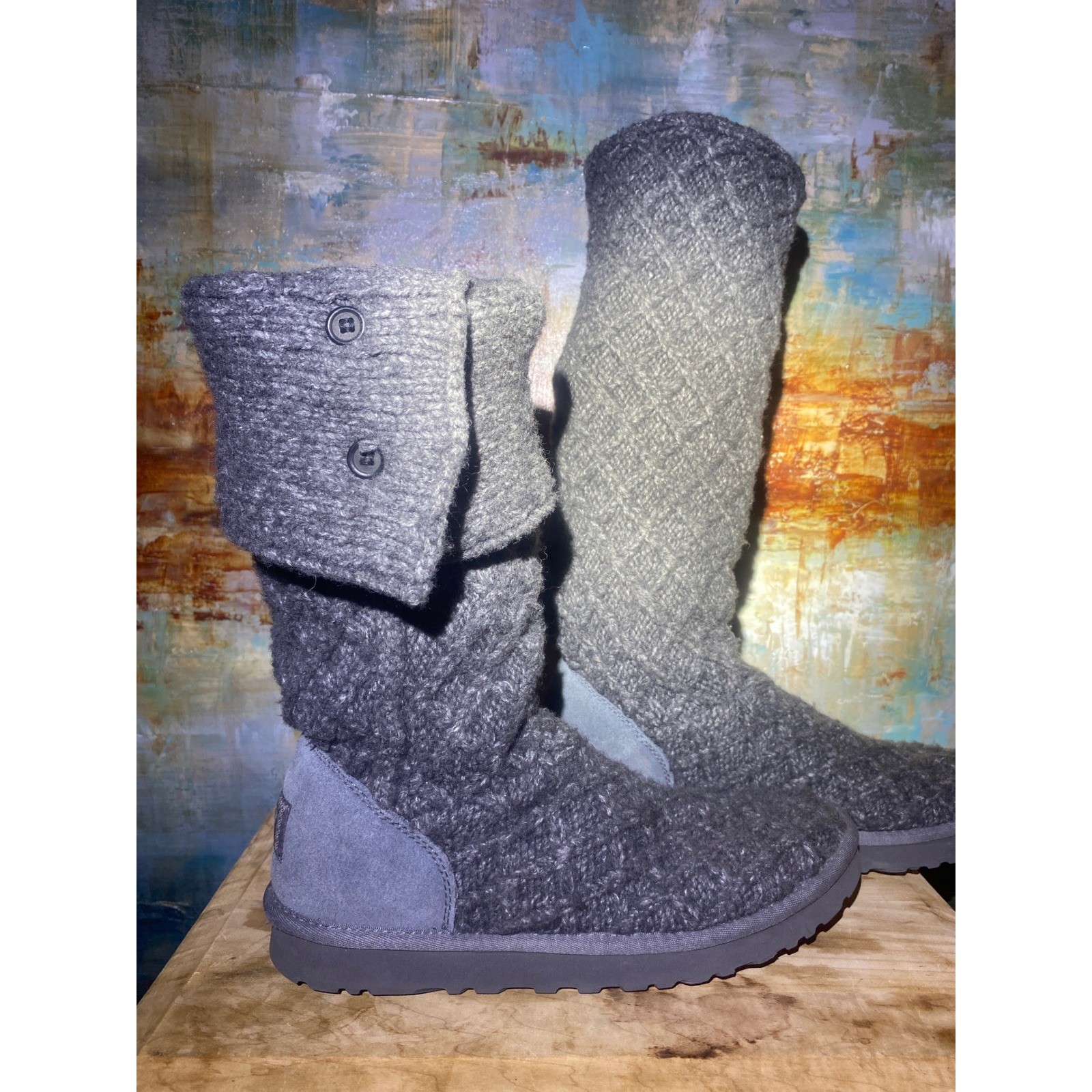 UGG Australia Lattice Cardy 3066 Charcoal Grey Knit Tall Button Boots Womens 10