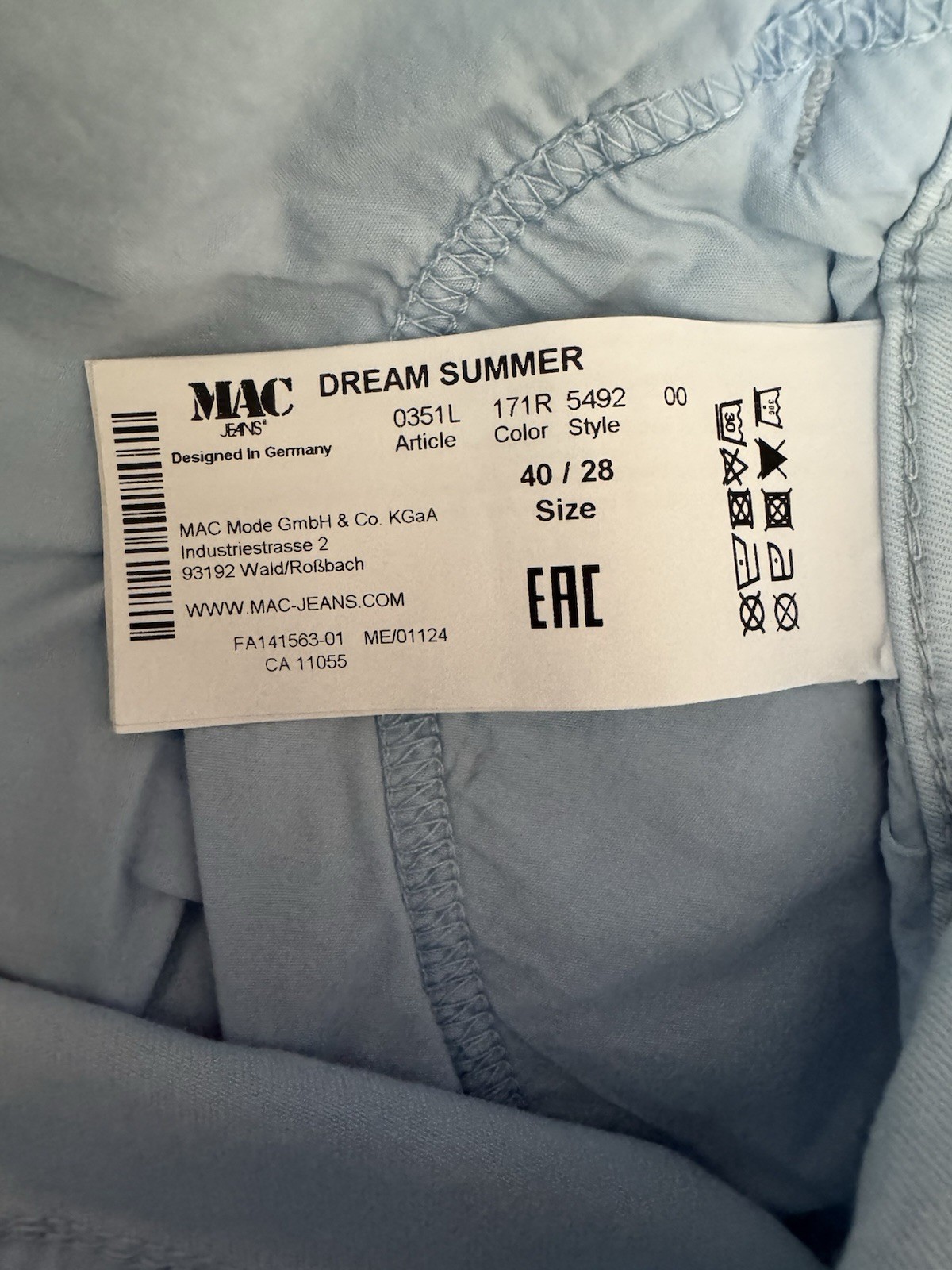 NWOT Mac Jeans Dream Summer Wonder Light Dusk Blue Jeans 40/10 5492-00-0351 171R