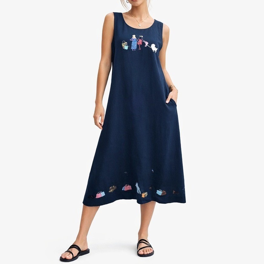 Lemon Grass Midi Dress Womens Large Navy Blue Shopping Poodle Embroidered Linen