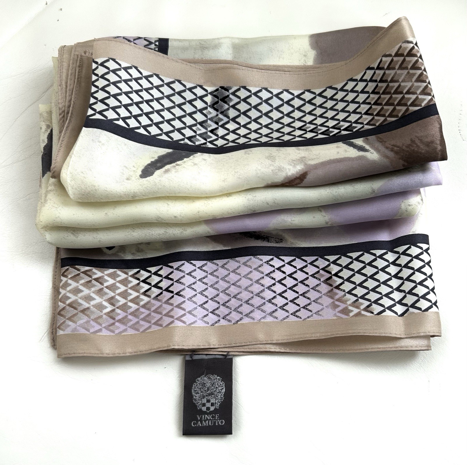 Vince Camuto Lavender Beige Black Silk Scarf NWOT 34 x 64 Inches