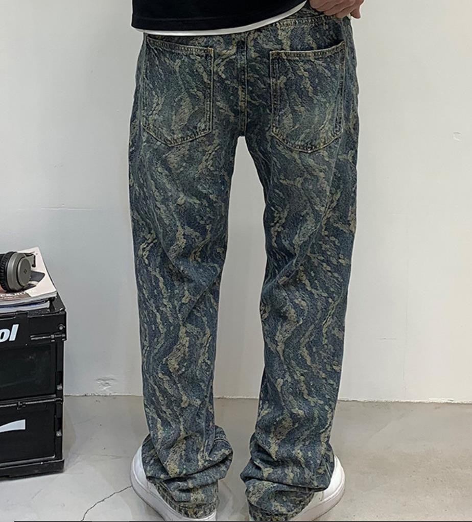 Men’s Blue Denim Jeans Straight Leg Casual Punk Hip Hop Pants Pockets Trousers