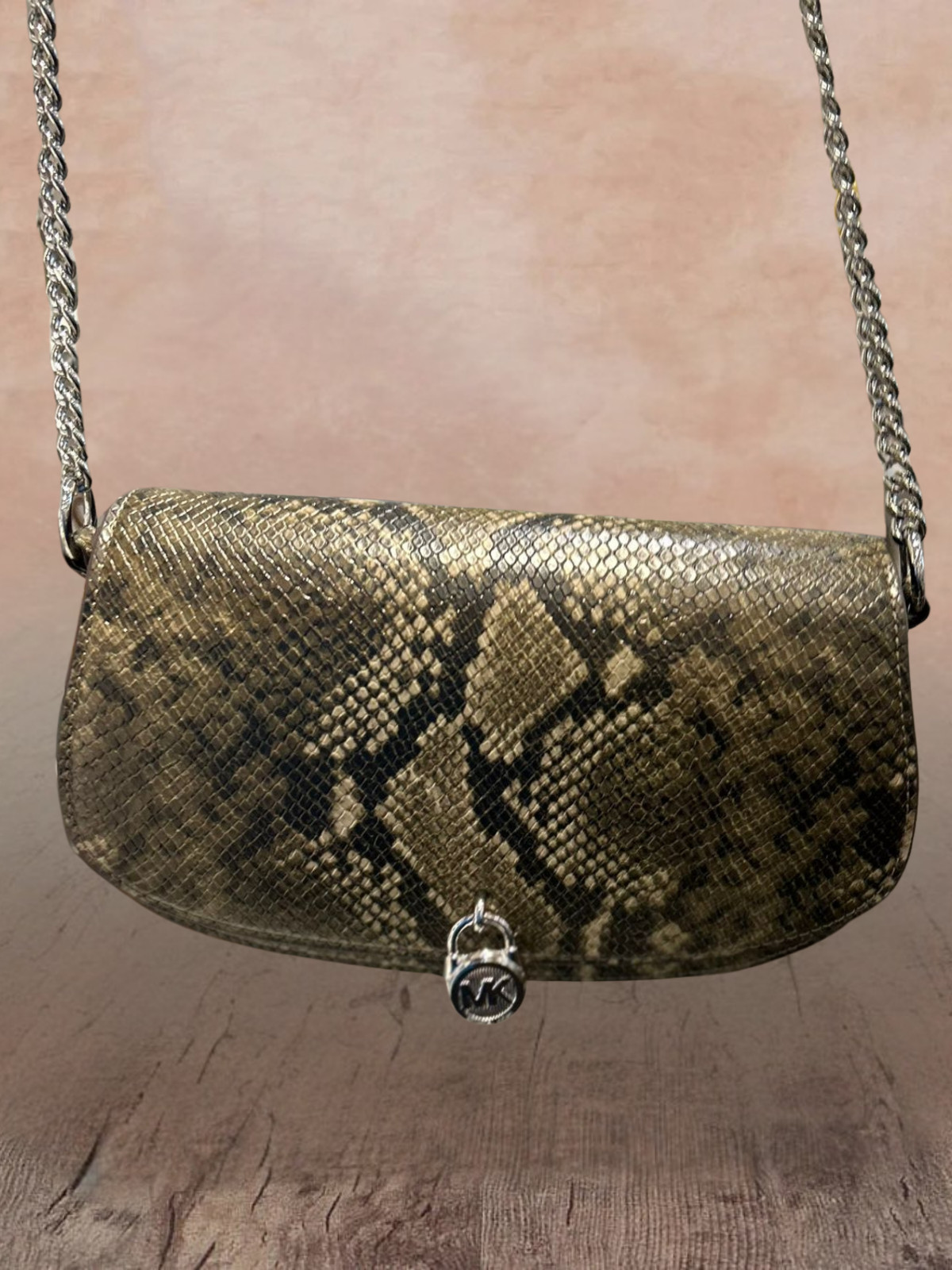 Michael Kors Mila Medium Women Snake Embossed Sling Messenger Bag Olive