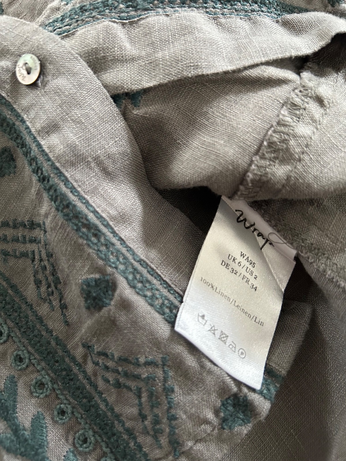 Wrap London Linen Shirt Blouse Size 6 Grey Green Embroidery Priarie Cottagecore