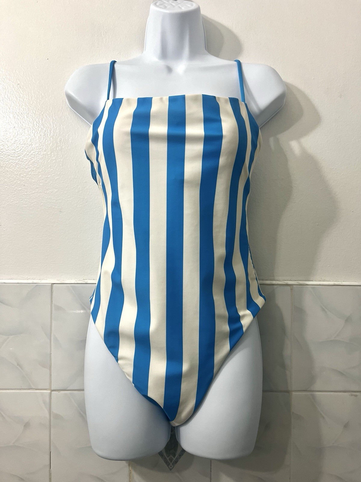 Shade & Shore Stripe One Piece Swimsuit Women M Nautical Retro Santorini Cheeky