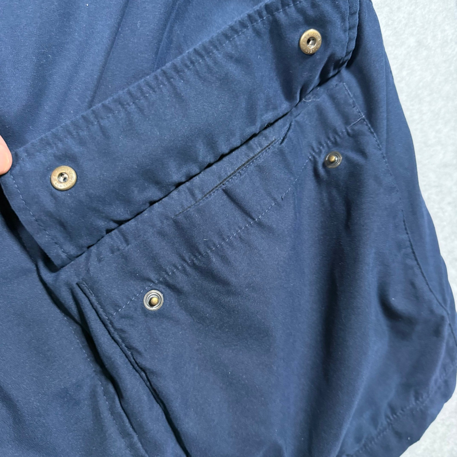 Eddie Bauer Mens Navy Blue Quilted Lined Chore Jacket Leather Collar Medium Y2k